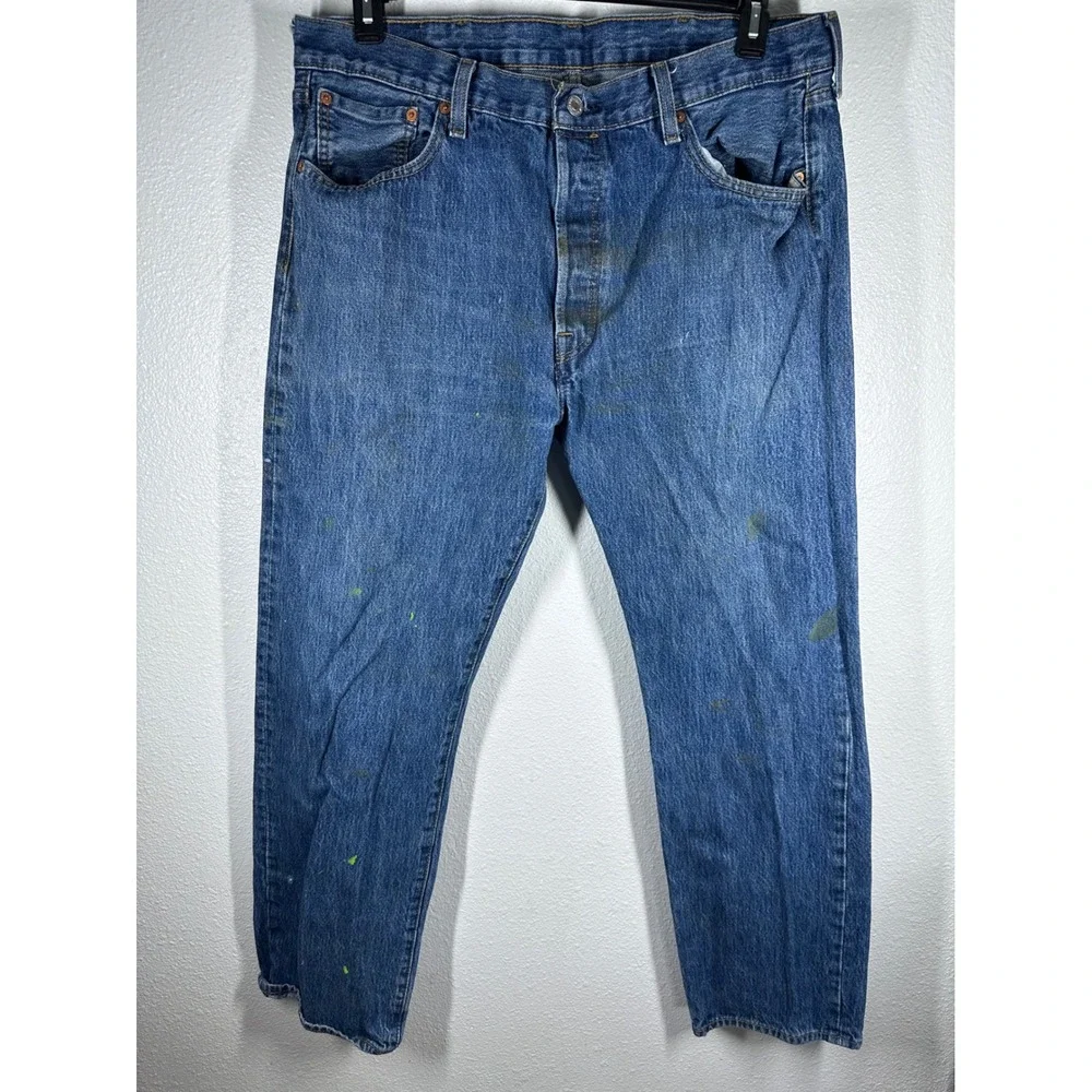 Levi's Jeans Men 38x32 Blue 501 Original Fit Straight Leg Paint Splatter‎ Denim